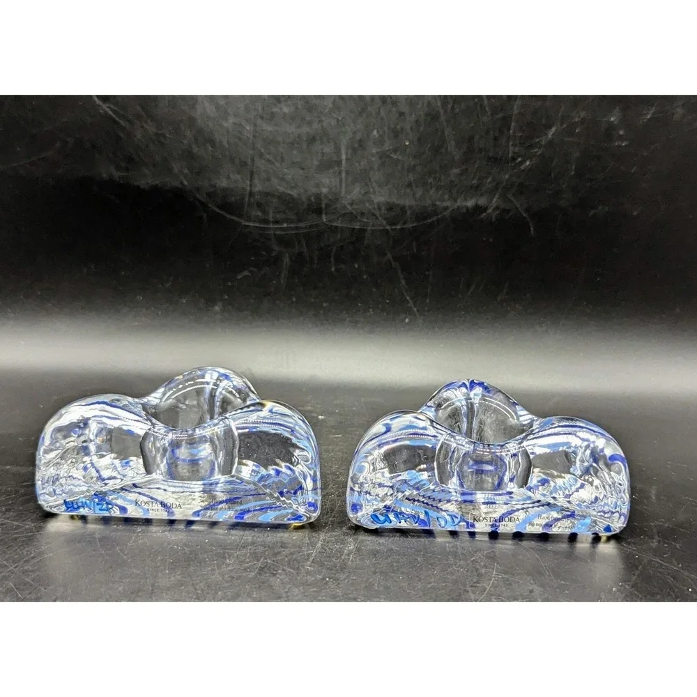 Set/2 Kosta Boda Piece Of Cake Triangle Signed Votive Candle Stripe Cobalt Blue